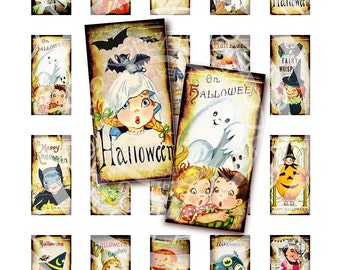 Vintage Retro Halloween Party Pumpkin Witches Cat Bat Boys Girls 1 x 2 inch domino GLASS TILE Labels Digital Collage Sheet Images Sh132