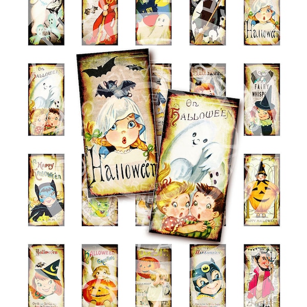 Vintage Retro Halloween Party Pumpkin Witches Cat Bat Boys Girls 1 x 2 inch domino GLASS TILE Labels Digital Collage Sheet Images Sh132