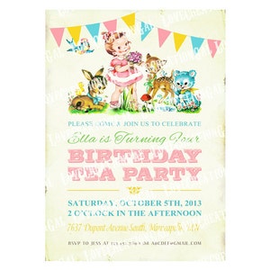 Digital IMPRIMIBLE Vintage Woodland Animals Deer Fawn Teddy Bear Flower Celebrate Birthday Tea Party Girl Children Invitation Card Sheet IN65