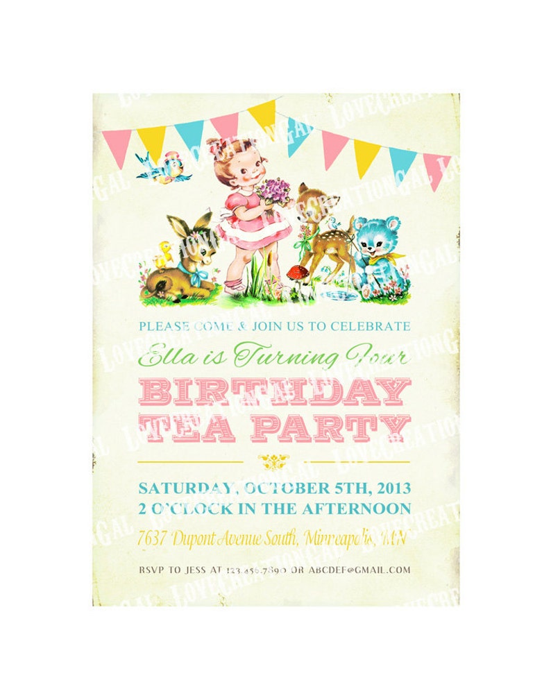 Digital PRINTABLE Vintage Woodland Animals Deer Fawn Teddy Bear Flower Celebrate Birthday Tea Party Girl Children Invitation Card Sheet IN65 image 1