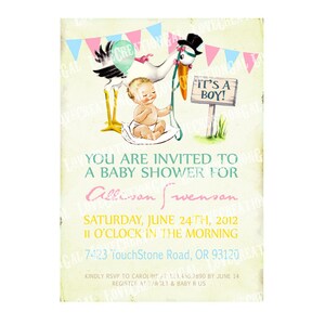 Digital PRINTABLE Vintage Its a Boy Stork Baby Shower Nursery Celebrate Welcome Tea Party Son Prince Children Invitation Card IN31 image 1