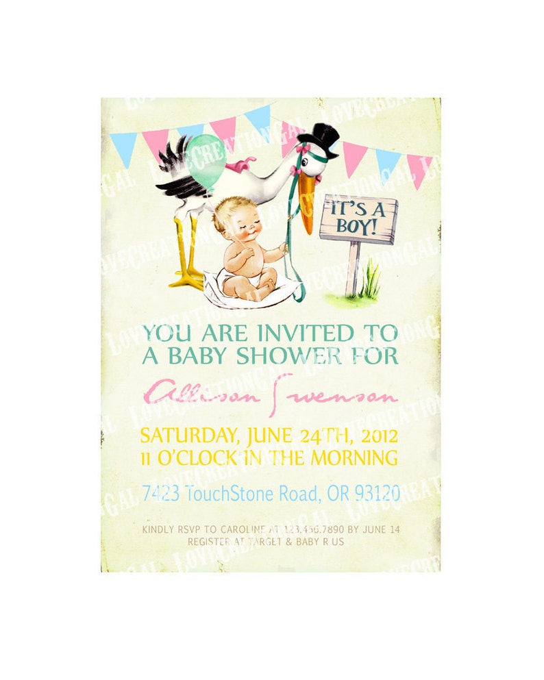 Digital PRINTABLE Vintage Its a Boy Stork Baby Shower Nursery Celebrate Welcome Tea Party Son Prince Children Invitation Card IN31 image 1