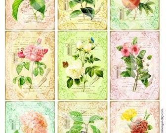 9 Vintage Cottage Flower Rose Butterfly Botanical Postcard ledge French Frame Gift Tags Label Card Digital Collage Sheet Images Sh117