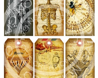 6 Vintage Le Pilote Skeletons botanical Octopus Paris French Frame ACEO Gift Hanging Tags Labels Card Digital Collage Sheet Images Sh015