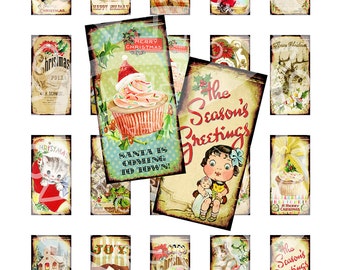 Vintage Retro Christmas Party Santa Deer Stocking Cupcakes Boys Girls 1 x 2 inch domino GLASS TILE Labels Digital Collage Sheet Images Sh207