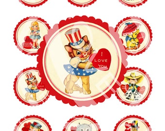 Vintage Retro St Valentine Day Lamour Tea Party Lover Animals Boy Girl Circle card Label Sticker Gift Tag Digital Collage Sheet Images Sh223
