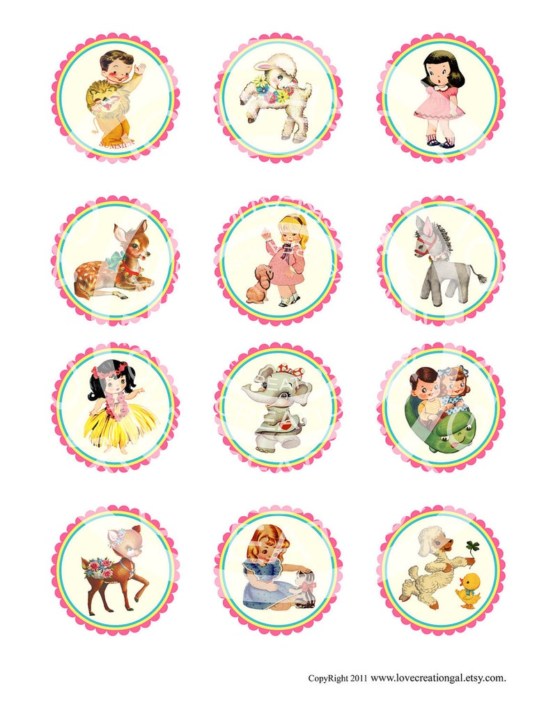 Vintage Boy Girl Deer Lamb Celebrate Tea Party Children Cupcake Topper Circle Label Stickers Tags Digital Collage Sheet Images Sh159 image 4