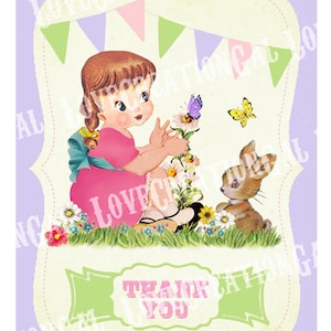 Vintage Spring Garden Girl Bunny Bird Flowers Birthday Tea Party Daughter Children Thank you Card Note Gift Tags Images Sheet Sh295 image 1