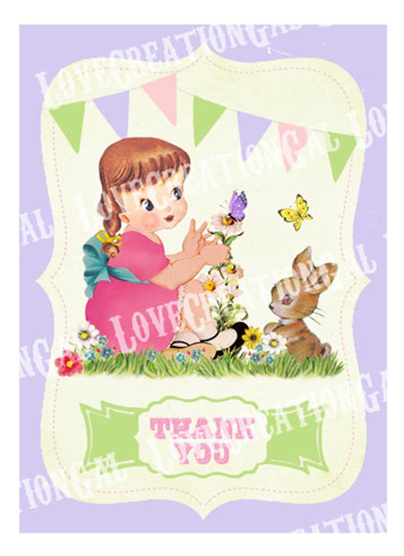 Vintage Spring Garden Girl Bunny Bird Flowers Birthday Tea Party Daughter Children Thank you Card Note Gift Tags Images Sheet Sh295 image 1