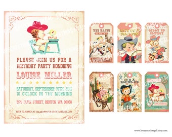 Digital PRINTABLE Vintage Baby Girl COWGIRL Cowboy Shower Pregnacy Tea Birthday Party Invitation Label Gift Favor Tag Card Sheet IN14