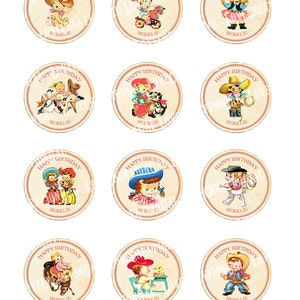 Vintage CowBoy CowGirl West Wild Celebrate Tea Story Book Cupcake Cake Topper Circle Label Stickers Tags Digital Collage Sheet Images Sh240 image 2