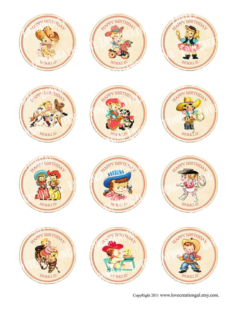 Vintage CowBoy CowGirl West Wild Celebrate Tea Story Book Cupcake Cake Topper Circle Label Stickers Tags Digital Collage Sheet Images Sh240 image 2