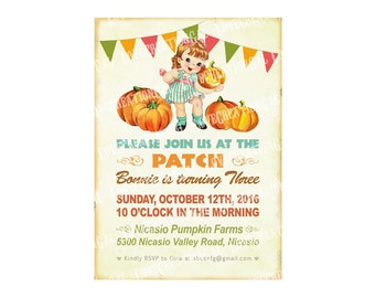 Digital PRINTABLE Vintage Pumpkin Patch Farm Fall Halloween Daughter Girl Children Birthday Tea Party Invitation Banner Cards Sheet IN74