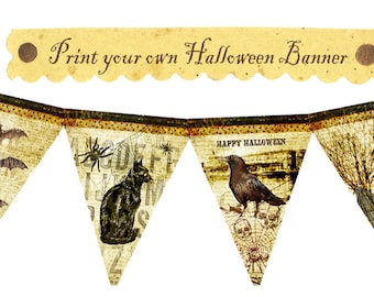 Vintage Halloween Witches Spider Ghost Skeleton Cat Bat Celebrate Banner Tea party Flag Burlap Postcard Digital Collage Sheet Images Sh187