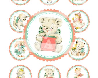 Vintage Baby Boy Girl Teddy Bear Lamb Celebrate Tea Party Children Cupcake Topper Circle Label Sticker Tag Digital Collage Sheet Image Sh212