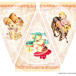 Vintage Cowgirl Cowboy Birthday Baby shower Tea Party Celebrate Story book Banner Flag Burlap Postcard Digital Collage Sheet Images Sh241 image 2