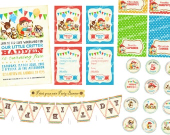 Digital PRINTABLE Vintage Woodland Animals Deer Fawn Teddy Bear Flower Birthday Tea Party Boy Package Set Banner Invitation Label Card PP28