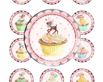 Vintage Birthday Party Cakes Cupcakes Deer Dance Girl Candy Greeting Circle card Labels Stickers Tags Digital Collage Sheet Images Sh099