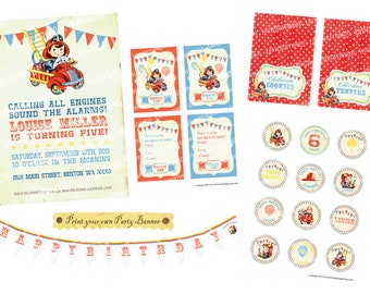 Firefighter Birthday invitation Firetruck Birthday Decorations Fireman Baby shower Printable Party Favor Cupcake Toppers Party Banner PP06