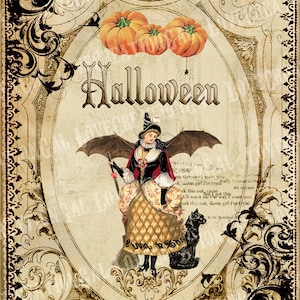 5x7 Printable Art Digital Images Vintage Halloween Witch Girl Fairy whimsical Bat Pumpkin Frame Paris French ACEO craft Card Sh131