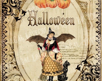 5x7 Printable Art Digital Images Vintage Halloween Witch Girl Fairy whimsical Bat Pumpkin Frame Paris French ACEO craft Card Sh131