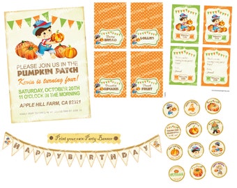 Digital PRINTABLE Vintage Celebrate Birthday Pumpkin Patch Farm Fall Halloween Son Boys Children Baby Shower Invitation Label Card Tag PP19