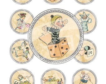 Vintage Toys Bear Train Boy Girl Pregnancy Cupcake Topper Birthday Tea Party Circle card Labels Tag Digital Collage Sheet Images Sh067