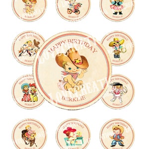 Vintage CowBoy CowGirl West Wild Celebrate Tea Story Book Cupcake Cake Topper Circle Label Stickers Tags Digital Collage Sheet Images Sh240 image 1