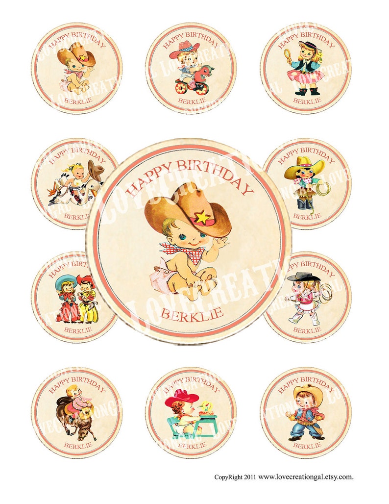 Vintage CowBoy CowGirl West Wild Celebrate Tea Story Book Cupcake Cake Topper Circle Label Stickers Tags Digital Collage Sheet Images Sh240 image 1