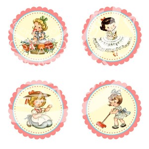 Printable Digital Vintage Girl Birthday Tea Party Celebrate Children Cupcake Cake Topper Circle Labels Sticker Gift Tag Sheet Images Sh083 image 3