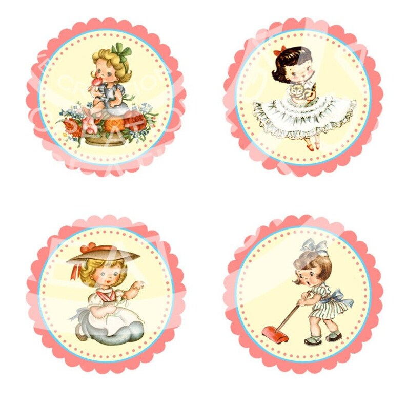 Printable Digital Vintage Girl Birthday Tea Party Celebrate Children Cupcake Cake Topper Circle Labels Sticker Gift Tag Sheet Images Sh083 image 3