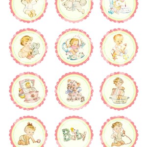 Vintage Baby Girl Shower Pregnacy Celebrate Tea Children Cupcake Cake Topper Circle Labels Stickers Tags Digital Collage Sheet Images Sh109 image 3