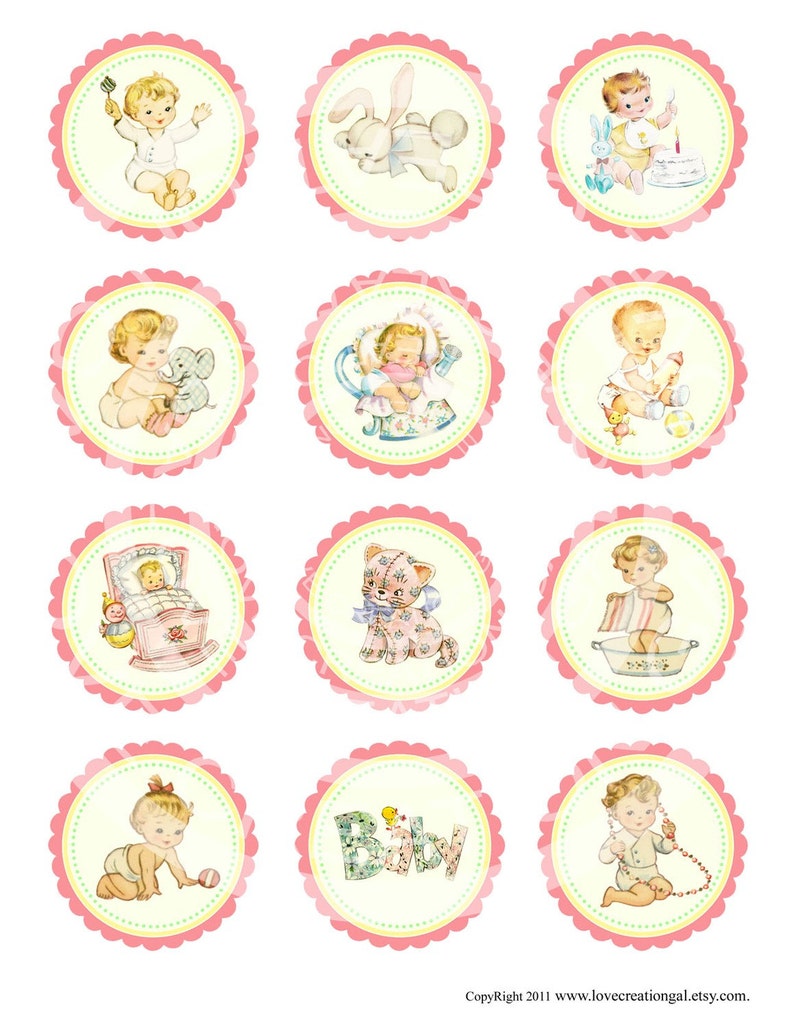 Vintage Baby Girl Shower Pregnacy Celebrate Tea Children Cupcake Cake Topper Circle Labels Stickers Tags Digital Collage Sheet Images Sh109 image 3