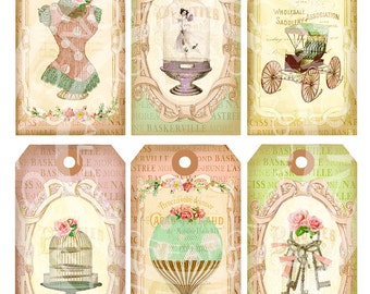 6 Vintage Paris French Antique Fairy Girl Keys Dress form Thank You Note Cards Labels Gift Tags Digital Collage Sheet clip art Images Sh183