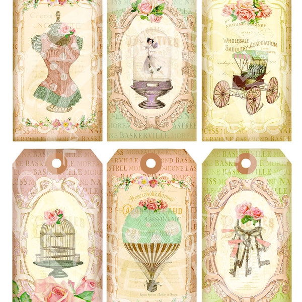 6 Vintage Paris French Antique Fairy Girl Keys Dress form Thank You Note Cards Labels Gift Tags Digital Collage Sheet clip art Images Sh183