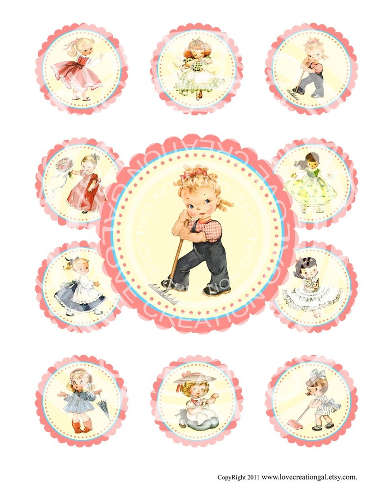 Printable Digital Vintage Girl Birthday Tea Party Celebrate Children Cupcake Cake Topper Circle Labels Sticker Gift Tag Sheet Images Sh083 image 1