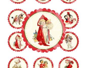 Vintage Christmas Santa Deer Candy Girl Boy Toy Party Children Cupcake Topper Circle Label gift Tags Stickers Digital Collage Image Sh178