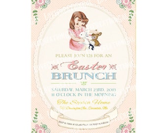 Digital PRINTABLE Vintage Celebrate EASTER Brunch Bunny Egg Hunt Birthday Tea Party Girl Children Baby Shower Invitation Cards Sheet IN51
