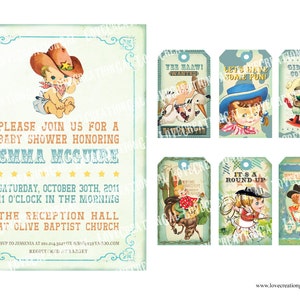 Digital PRINTABLE Vintage Baby COWBOY Junge Mädchen Shower Pregnacy Kinderzimmer BabyParty Geburtstag Party Einladung Label Favor Cards Sheet IN07