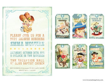 Digital PRINTABLE Vintage Baby COWBOY Boy Girl Shower Pregnacy Nursery Baby Shower Birthday Party Invitation Label Favor Cards Sheet IN07