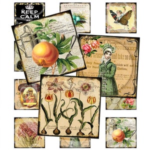 May include: A digital collage of vintage images featuring floral illustrations, a watering can, a peach, a woman in a green dress, and text that reads "Keep Calm and" and "The Cheapest Article for Grocer and take no other which will not wash Clothes."