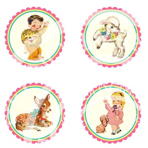 Vintage Boy Girl Deer Lamb Celebrate Tea Party Children Cupcake Topper Circle Label Stickers Tags Digital Collage Sheet Images Sh159 image 3