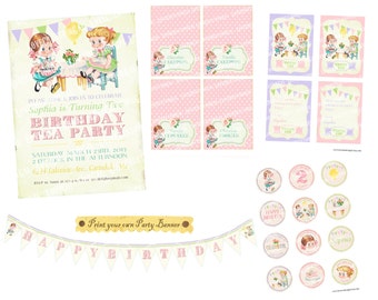 Digital PRINTABLE Vintage Shabby Chic Rose Girl Friends Doll Princess Birthday Tea Party Package Set Banner Invitation Card Tag PP16