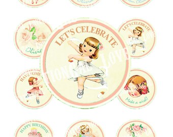 Digital PRINTABLE Vintage Birthday Ballerina Dancer Rose Party Ballet Girl Daughter Cupcake Cake Topper Circle Label Tags Sheet Images Sh336