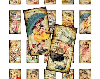 Vintage Retro Boy Girl Children Tea Party Bird 1x2 inch domino GLASS TILE pendant necklaces Sticker Digital Collage Sheet Images Sh075