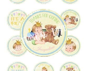 Digital PRINTABLE Vintage Teddy Bear Train Baby Boy Girl Unsex Shower Nursery Welcome Tea Party Cupcake Cake Topper Circle Label Tags Sh330