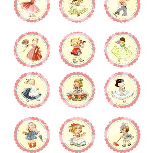 Printable Digital Vintage Girl Birthday Tea Party Celebrate Children Cupcake Cake Topper Circle Labels Sticker Gift Tag Sheet Images Sh083 image 4