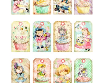 Vintage Shabby Chic Easter Bunnies Chick Boy Girl Children Handmade Cards Tea gift Tags Digital Party Favor Banner clip art Images Sh242