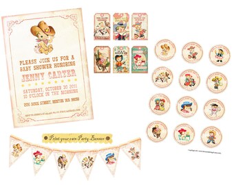 Digital PRINTABLE Party Package Vintage COWGIRL Boy Girl Tea Birthday Invitation Banner Cupcake Topper Label Gift Favor Tag Cards Sheet PP02