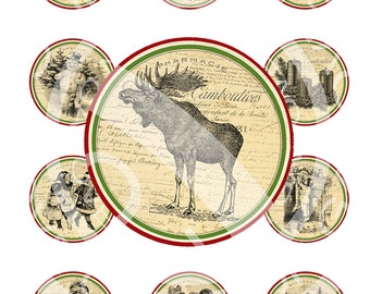 Vintage Christmas Santa Deer Snowman Tree Girl Boy Party Children Cupcake Topper Circle Label gift Tags Stickers Digital Collage Image Sh209